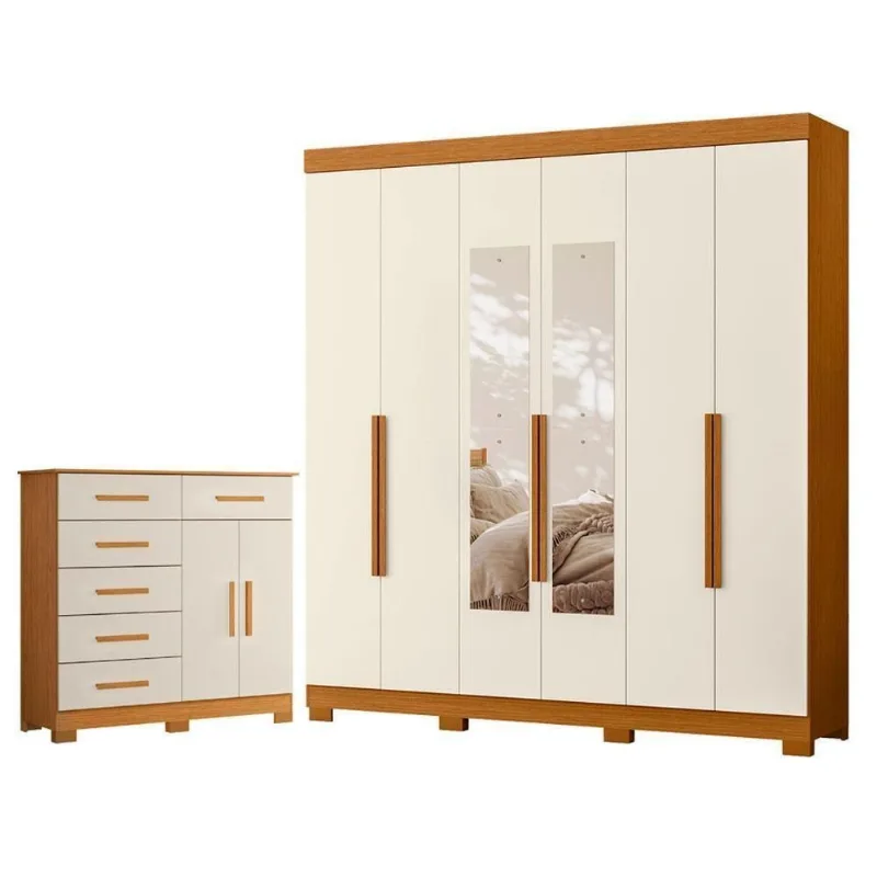 Guarda Roupa Casal com Cômoda Vinci 6 Portas de Bater com Espelho 6 Gavetas MDP Cinamomo Off White