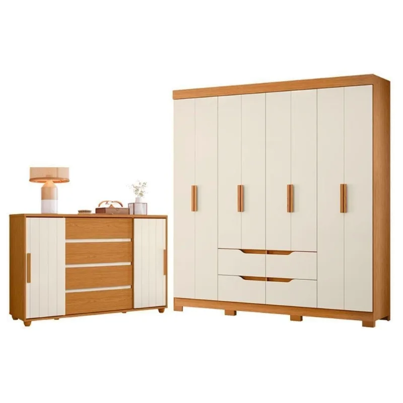 Guarda Roupa Casal Doble 8 Portas Correr 4 Gavetas MDP Cinamomo Off White com Cômoda Albatroz Móveis