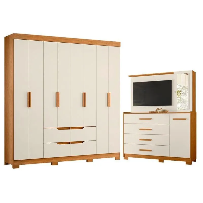 Guarda Roupa Casal E Cômoda Doble 8 Portas De Bater 4 Gavetas Mdp Cinamomo Off White