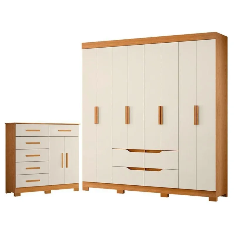 Guarda Roupa Casal Doble 8 Portas de Bater 4 Gavetas MDP Cômoda Xangai Cinamomo Off White Albatroz