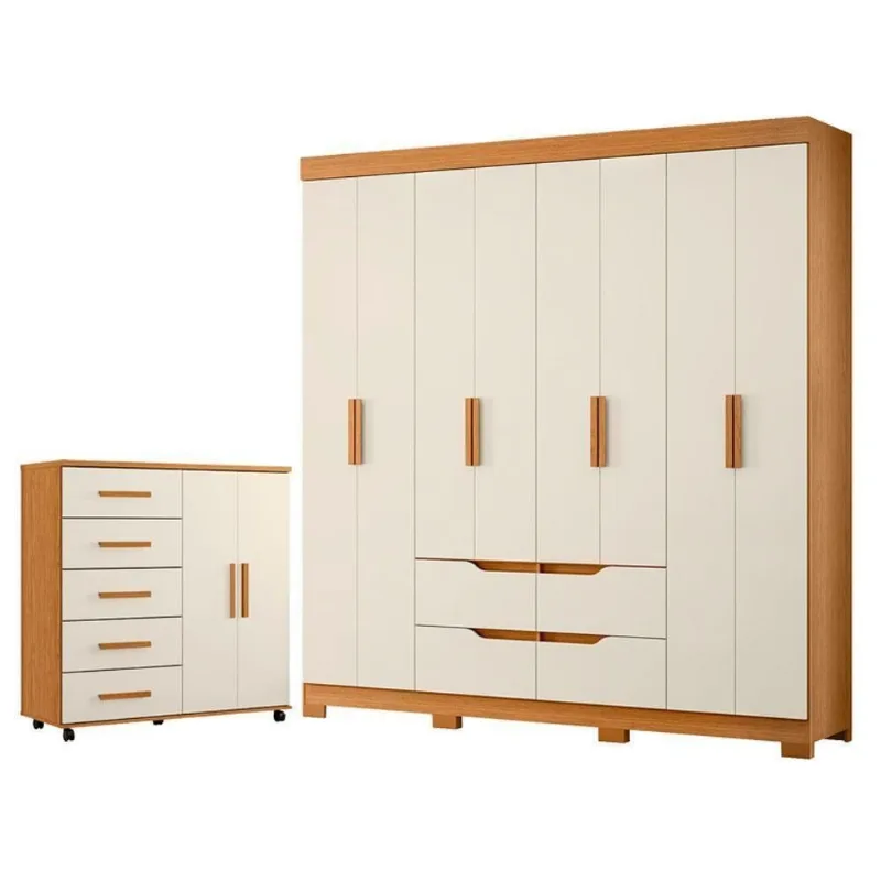 Guarda Roupa Casal Doble 8 Portas de Bater 2 Gavetas MDP Cômoda Toronto Cinamomo Off White Albatroz