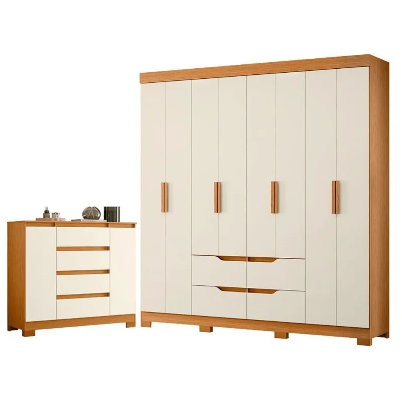 Guarda Roupa Casal Doble 8 Portas de Bater 4 Gavetas MDP Cinamomo Off White com Cômoda Albatroz