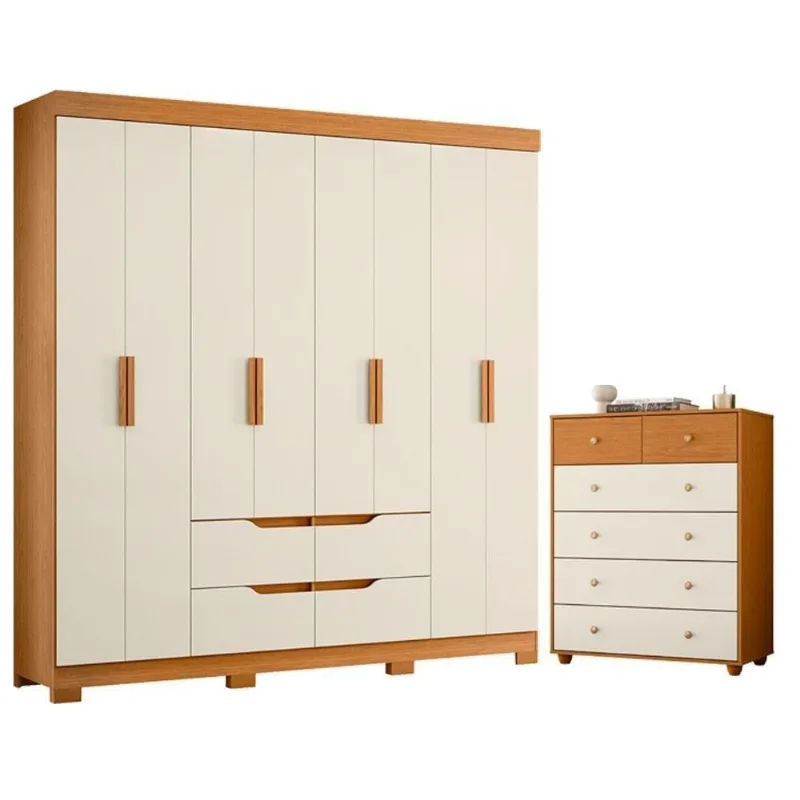 Guarda Roupa Casal com Cômoda Doble 8 Portas de Bater 6 Gavetas MDP Cinamomo Off White Albatroz