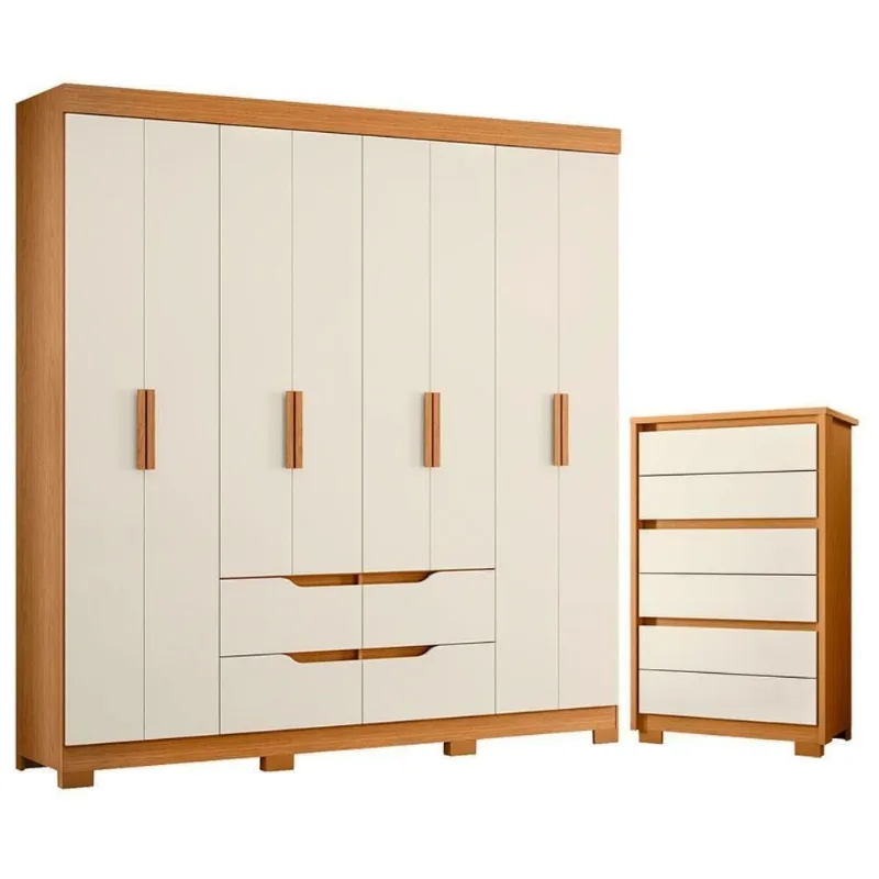 Guarda Roupa Casal com Cômoda Doble 8 Portas de Bater 6 Gavetas MDP Cinamomo Off White Albatroz
