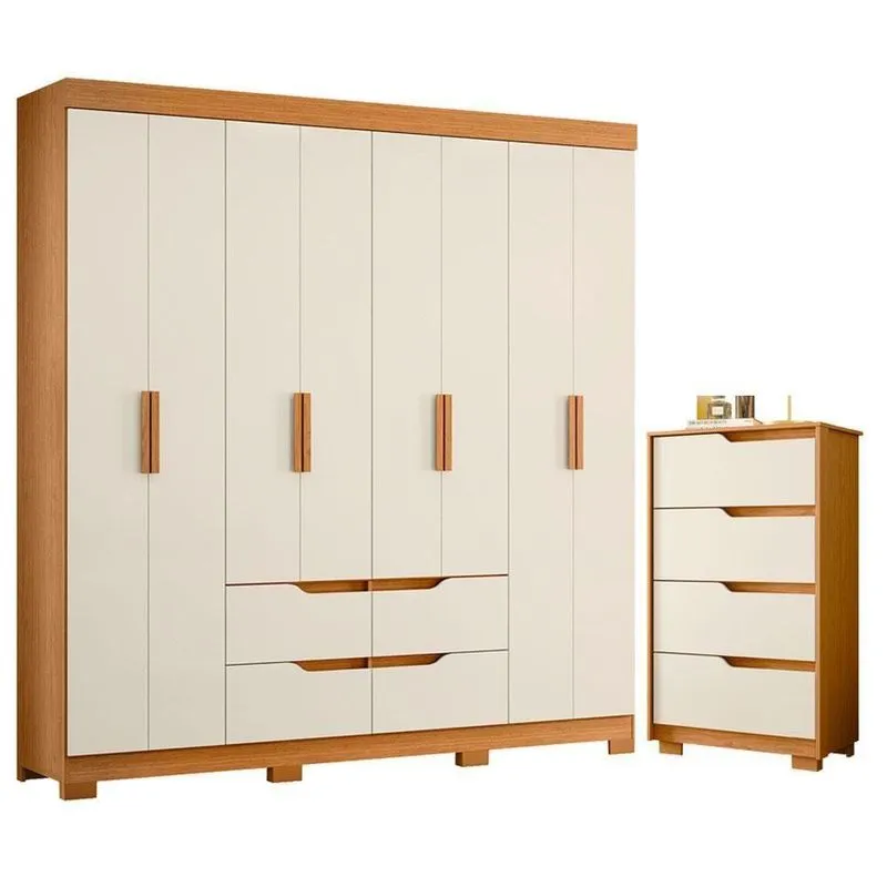 Guarda Roupa Casal Cômoda Doble Sole 8 Portas De Bater 4 Gavetas Mdp Cinamomo Off White