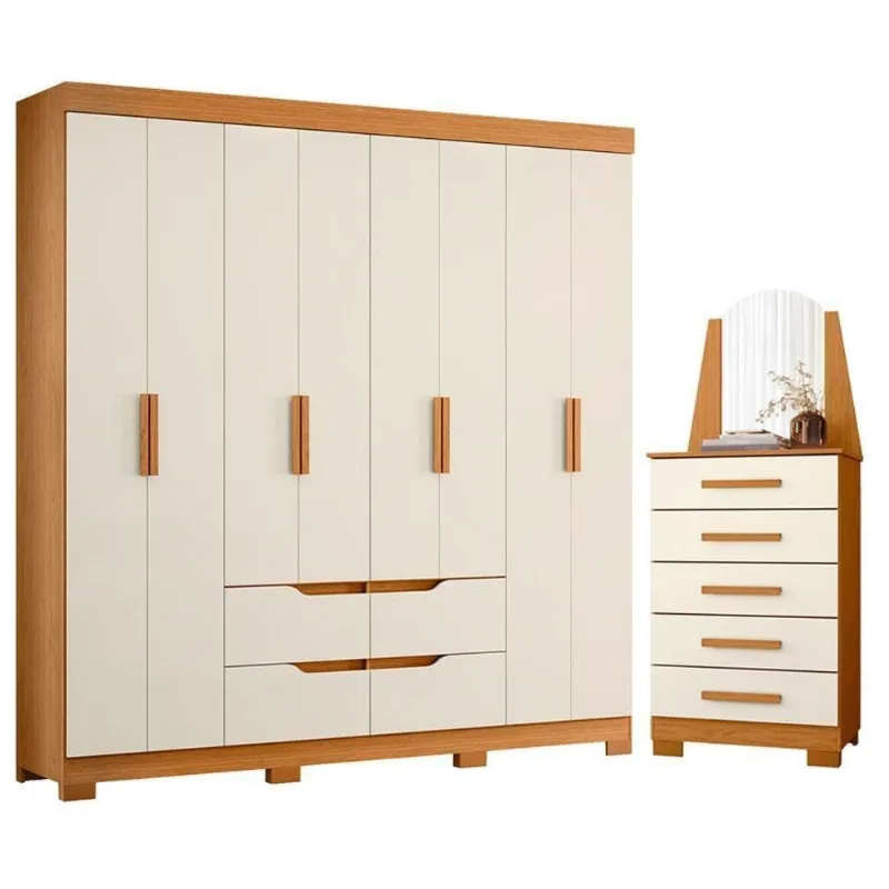 Guarda Roupa Casal Doble 8 Portas de Bater 5 Gavetas MDP Cinamomo e Off White com Cômoda Albatroz