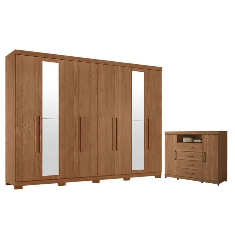 Guarda Roupa Casal Master New 8 Portas de Bater 4 Gavetas MDP Cômoda Havana com Rodízio Jatobá