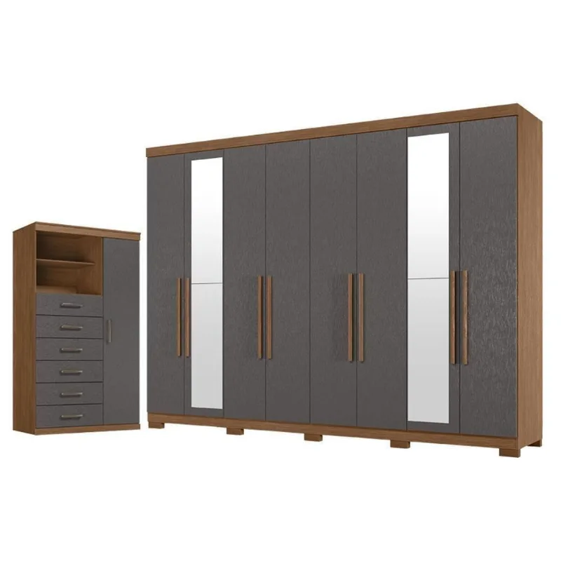 Guarda Roupa Casal Master New 8 Portas de Bater 4 Gavetas MDP com Espelho e Cômoda Marabá Jatobá