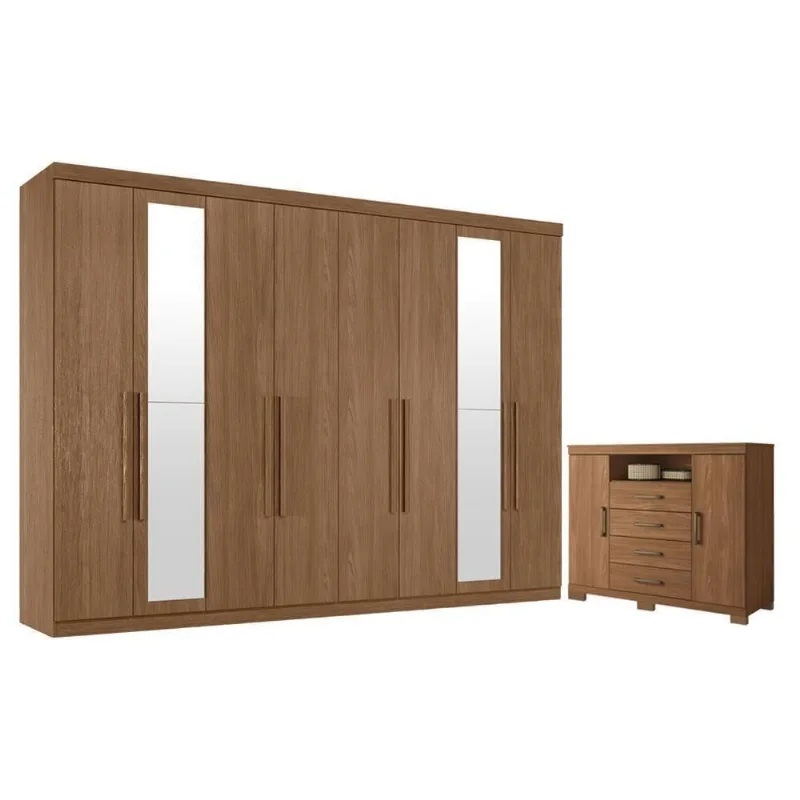 Guarda Roupa Casal Master New 8 Portas de Bater 4 Gavetas MDP com Espelho e Cômoda Jatobá Acetinado