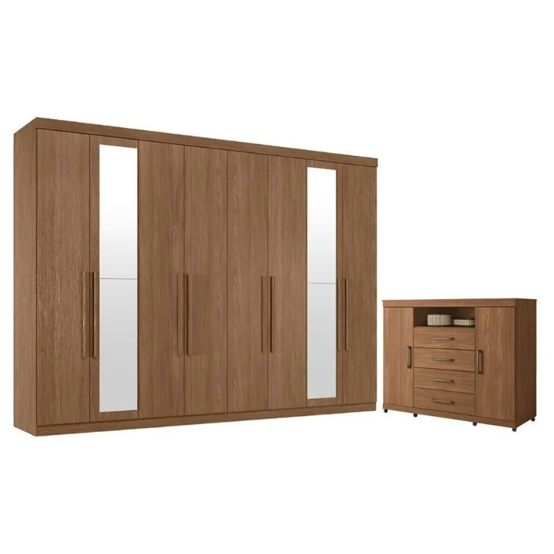 Guarda Roupa Casal com Cômoda Master New 8 Portas de Bater 4 Gavetas MDP Jatobá Acetinado Santos