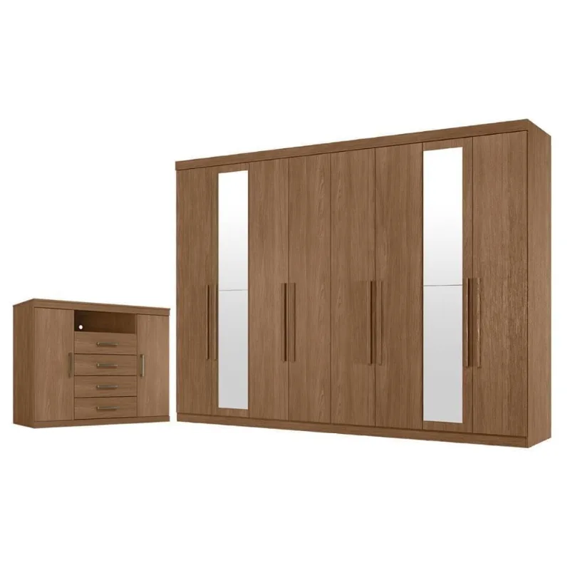 Guarda Roupa Casal Master New 8 Portas de Bater 4 Gavetas MDP com Espelho e Cômoda Jatobá Acetinado