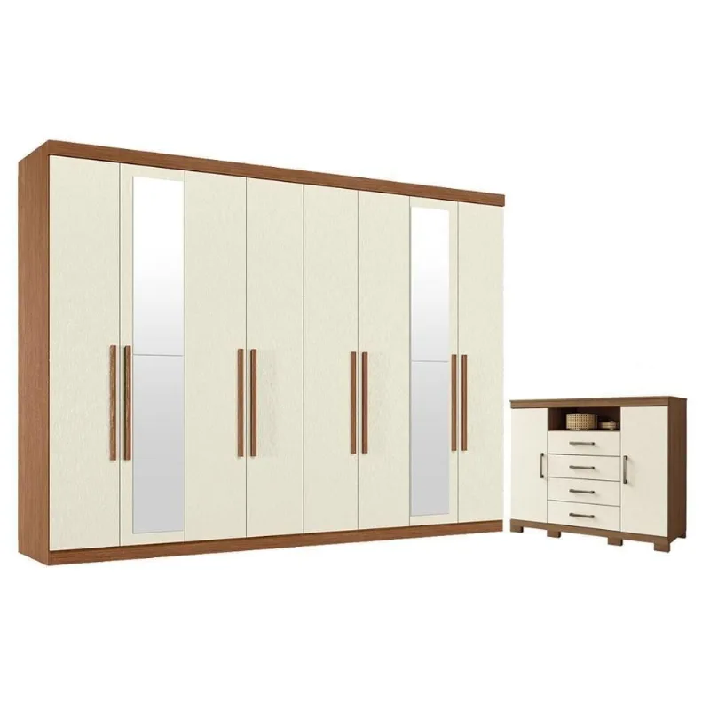Guarda Roupa Casal Master New 8 Portas de Bater 4 Gavetas MDP com Espelho e Cômoda Jatobá Areia