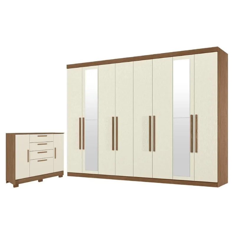 Guarda Roupa Casal Master New 8 Portas de Bater 4 Gavetas MDP com Espelho e Cômoda Jatobá Acetinado