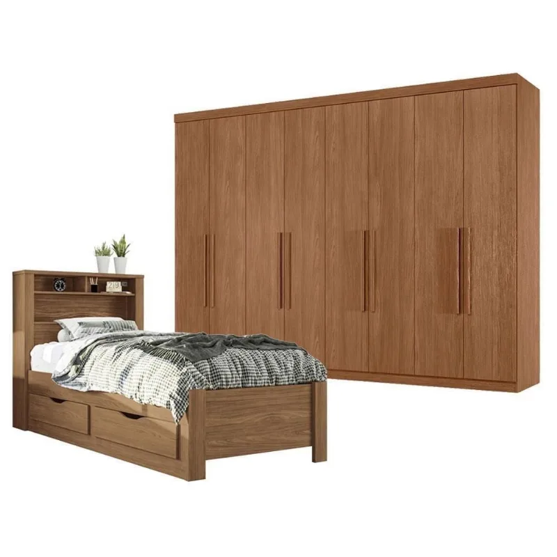 Guarda Roupa Casal Master New 8 Portas 4 Gavetas MDP 238,8CM Café e Cama Solteiro com Baú Invicta