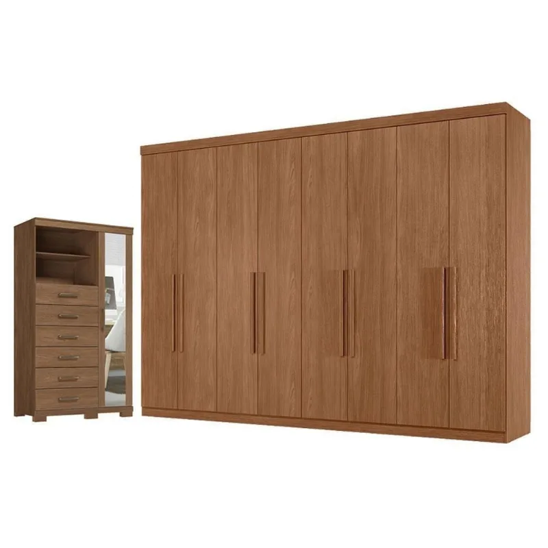 Guarda Roupa Casal Master New 8 Portas 4 Gavetas MDP com Cômoda Marabá e Espelho Jatobá Acetinado
