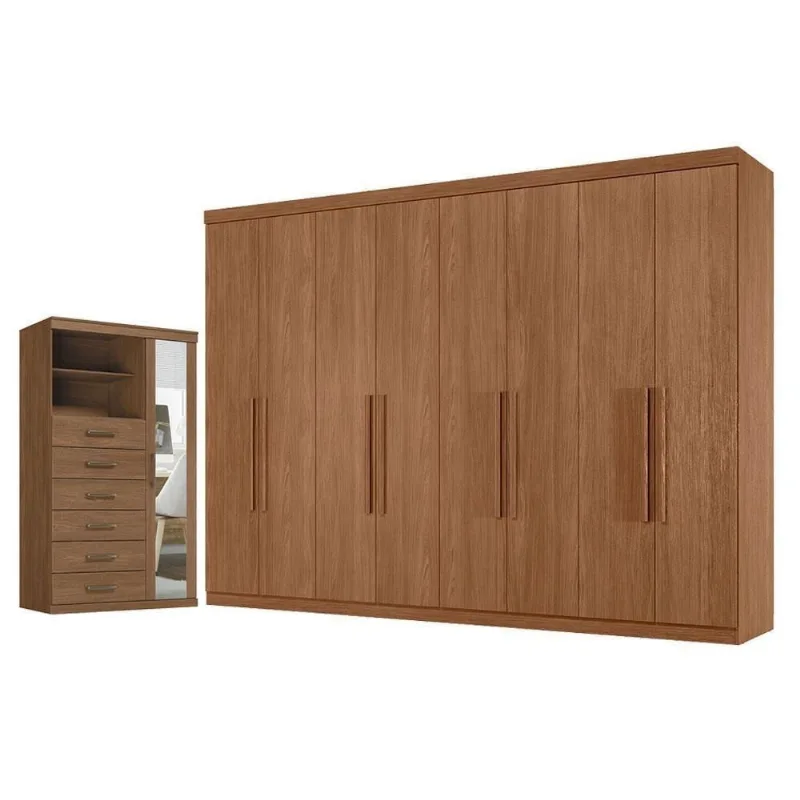 Guarda Roupa Casal com Cômoda Master New 8 Portas 4 Gavetas MDP Jatobá Acetinado com Espelho Santos