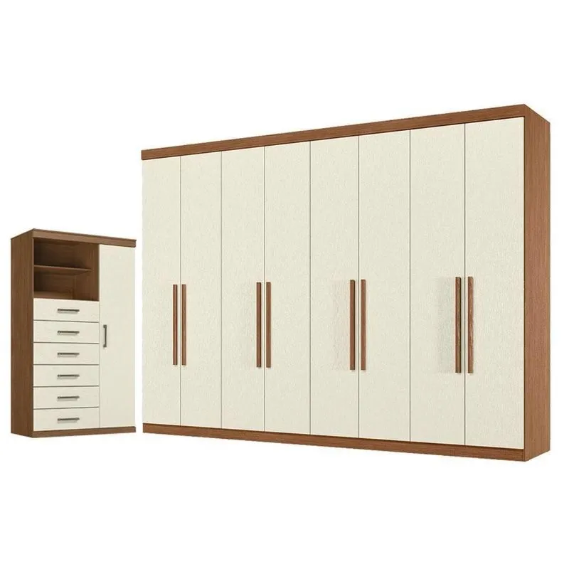 Guarda Roupa Casal Master New 8 Portas 4 Gavetas Mdp 180cm E Cômoda Marabá Jatobá Areia Acetinado