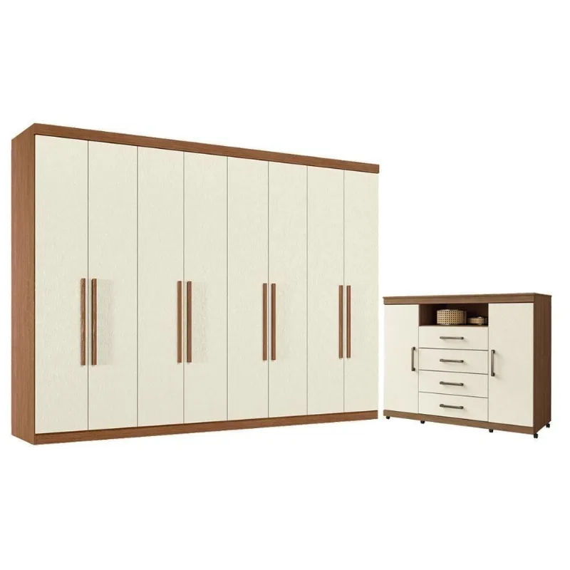 Guarda Roupa Casal Master New 8 Portas 4 Gavetas MDP Jatobá Areia com Cômoda Havana Santos Andirá