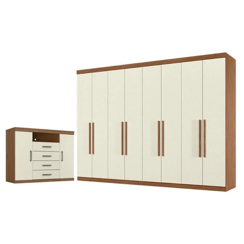 Guarda Roupa Casal Master New 8 Portas de Bater 4 Gavetas MDP Jatobá Areia com Cômoda Havana