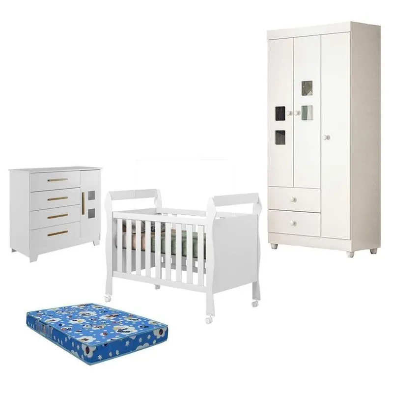 Quarto Completo Com Guarda Roupa Life 3 Portas 2 Gavetas Mdf Cômoda Berço Colchão Branco Tigus
