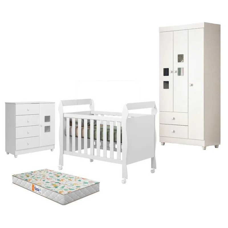 Quarto De Bebê Life Com Berço Americano Soninho Mdf Colchão Branco Tigus
