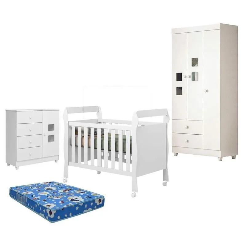 Quarto De Bebê Life Com Berço Americano Soninho Mdf Colchão Branco Tigus