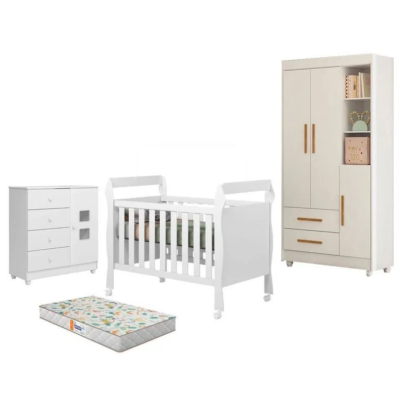 Guarda Roupa Flocos Com Cômoda Life E Berço Soninho Branco Acetinado Colchão Americano Gazin Tigus