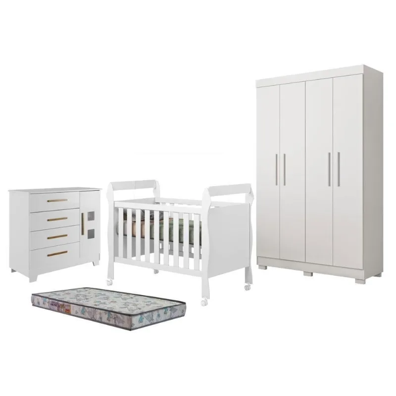 Kit Quarto de Bebê Guarda Roupa Florida com Cômoda Fly e Berço Soninho com Colchão Sleep 4P 3G MDF
