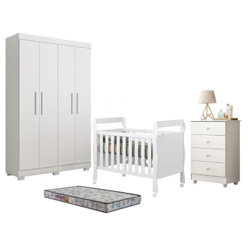Guarda Roupa Infantil com Berço Americano e Colchão Florida com Gaveteiro Soft 4 Portas 3 Gavetas