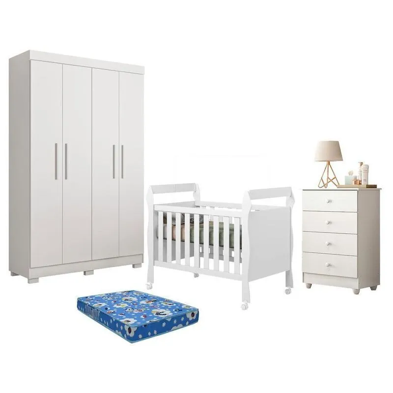 Guarda Roupa Infantil Berço Americano Cômoda Colchão Florida 4 Portas 3 Gavetas MDF Branco