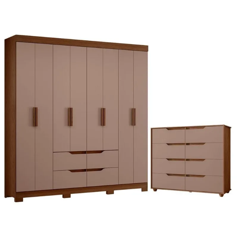 Guarda Roupa Casal com Cômoda Doble 8 Portas de Bater 12 Gavetas MDP Nogueira Capuccino Albatroz