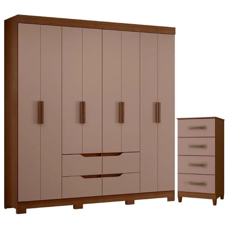 Guarda Roupa Casal com Cômoda Doble 8 Portas de Bater 4 Gavetas MDP Nogueira Capuccino Albatroz