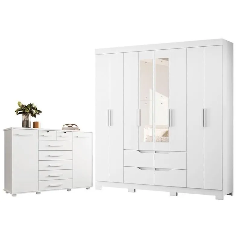 Guarda Roupa Casal Com Cômoda Doble 8 Portas De Bater 4 Gavetas Mdp Branco Albatroz Móveis 180cm