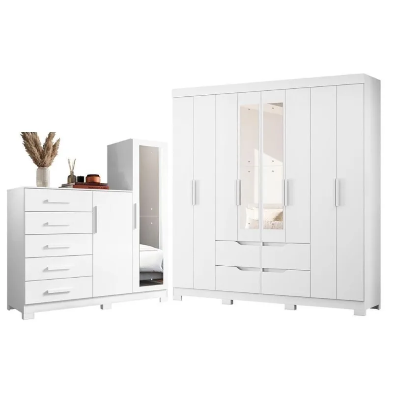 Guarda Roupa Casal com Cômoda New Master 8 Portas de Bater 4 Gavetas MDP Branco Albatroz Móveis