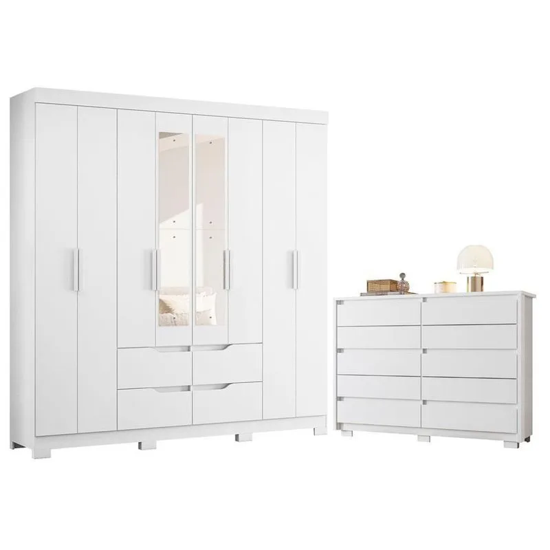 Guarda Roupa Casal Com Cômoda Doble 8 Portas De Bater 4 Gavetas MDP Fosco Branco Albatroz Móveis