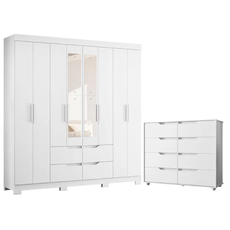 Guarda Roupa Casal com Cômoda Doble 8 Portas de Bater 4 Gavetas MDP Branco Freijo Flex Albatroz