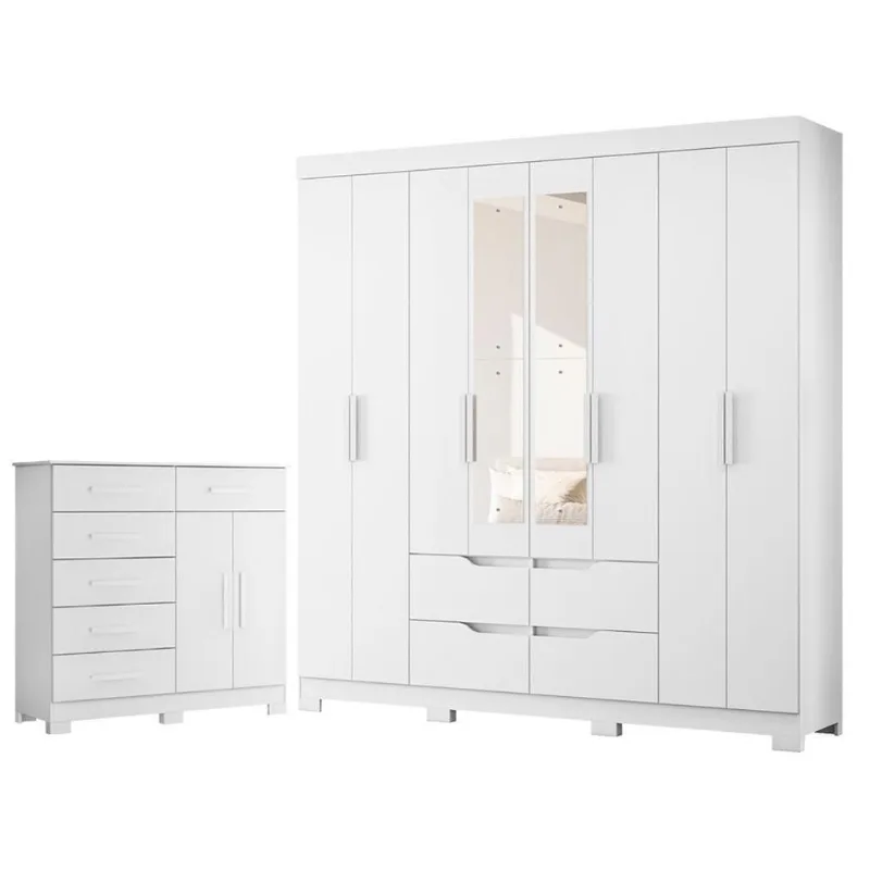 Guarda Roupa Casal com Cômoda Xangai 8 Portas de Bater com Espelho 10 Gavetas MDP Branco Albatroz