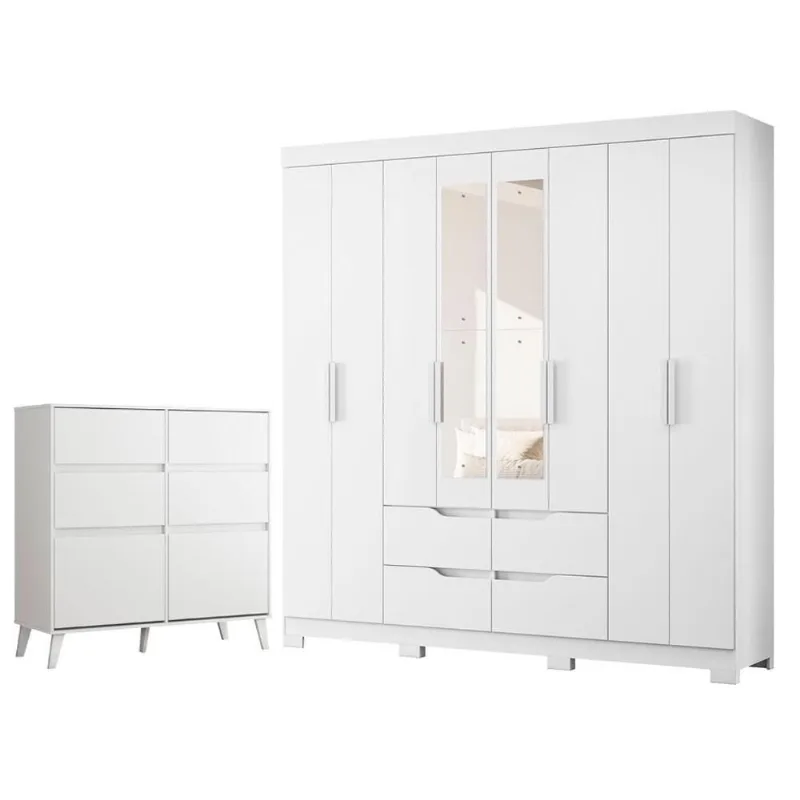 Guarda Roupa Casal Doble 8 Portas Basculante com Espelho e Cômoda 4 Gavetas MDP Branco Albatroz