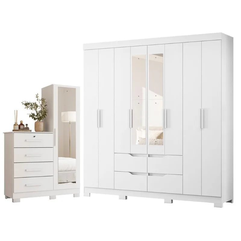 Guarda Roupa Casal Doble 08 Portas de Bater com Espelho e Cômoda 4 Gavetas MDP Branco Fosco Liso