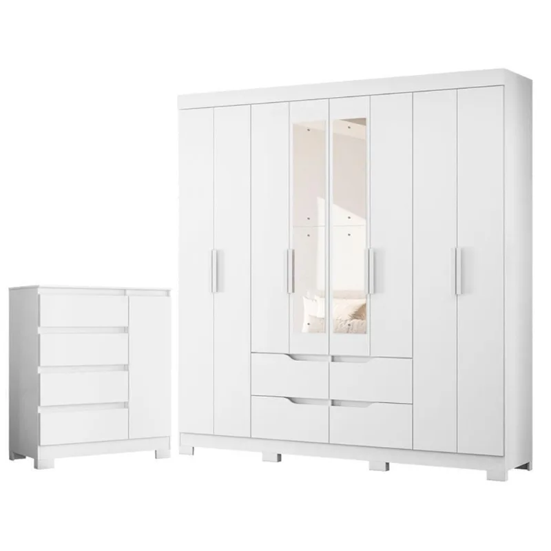 Guarda Roupa Casal com Cômoda Olimpia 8 Portas de Bater 4 Gavetas MDP Branco Flex Albatroz Móveis