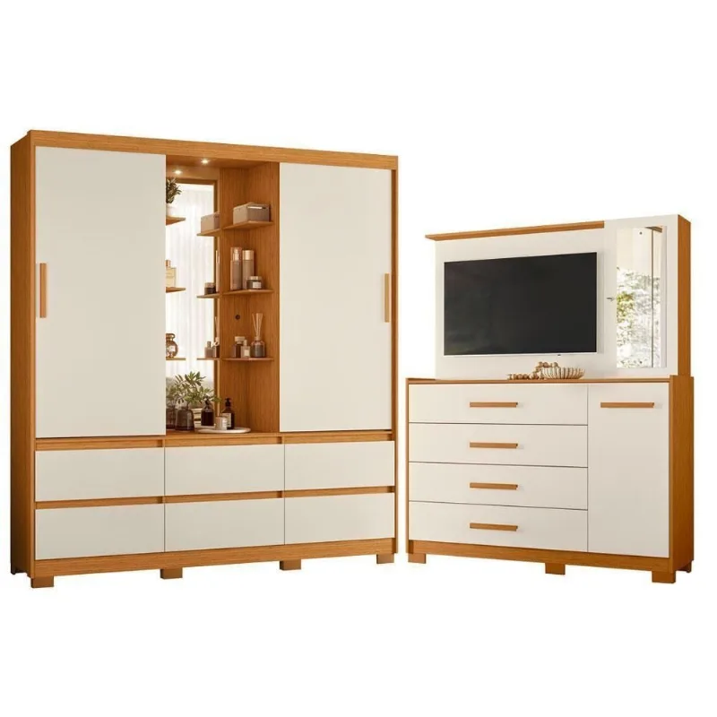 Guarda Roupa Solteiro Atena 2 Portas de Correr com Espelho e Cômoda 6 Gavetas Cinamomo Off White