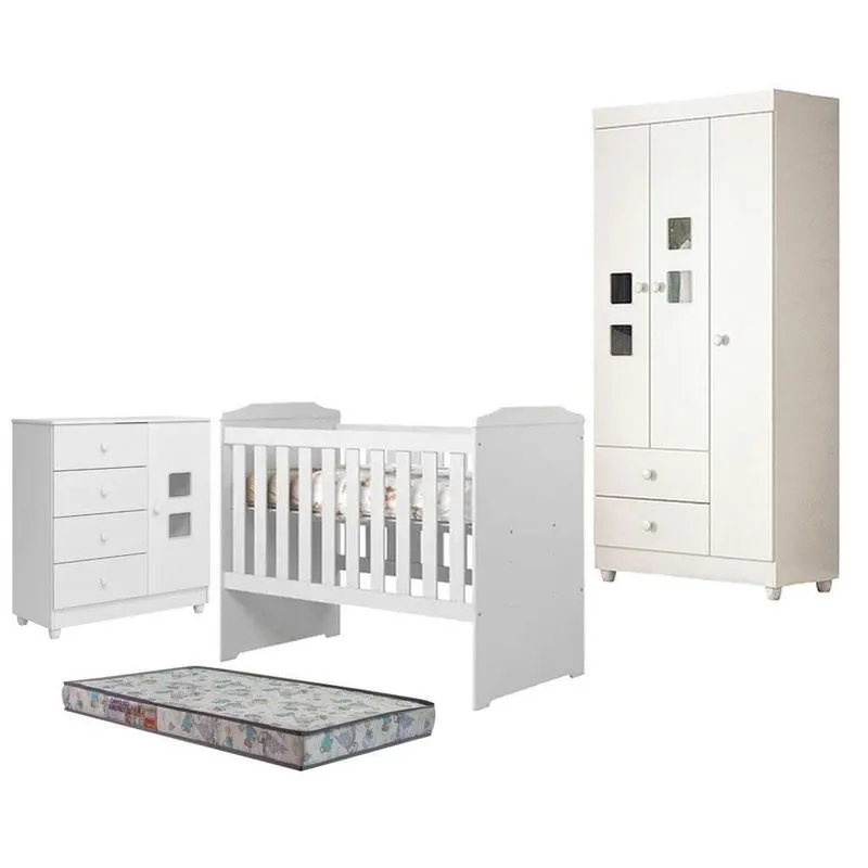 Quarto De Bebê Life Com Berço Americano Carinho 1 Porta 4 Gavetas Mdf Branco Acetinado