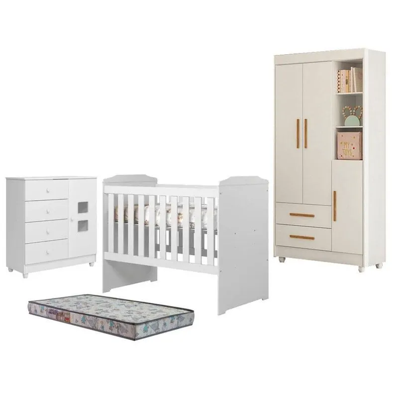 Guarda Roupa Infantil Flocos Com Cômoda Life Berço Carinho Colchão Sleep 3 Portas 2 Gavetas Mdf
