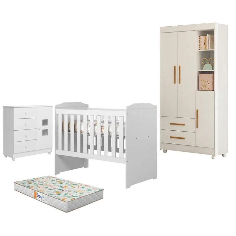 Guarda Roupa Com Cômoda E Berço Americano Carinho Mdf Colchão Branco Acetinado Tigus