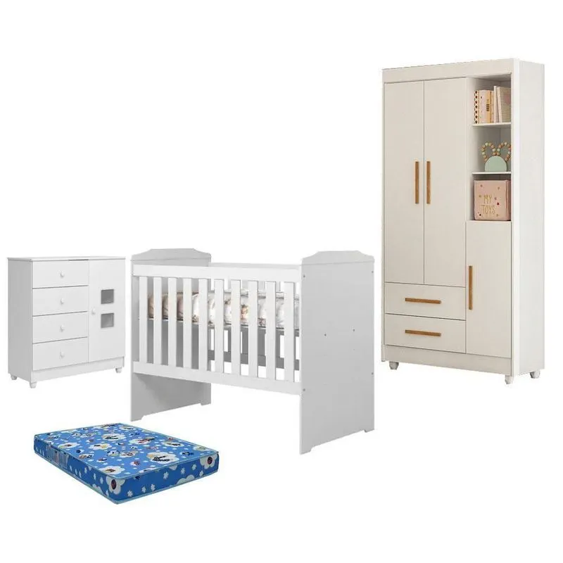 Kit Guarda Roupa Cômoda Berço Americano Carinho Colchão Branco Tigus Móveis