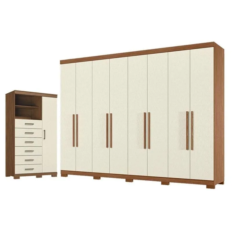 Guarda Roupa Casal Master New 8 Portas De Bater 4 Gavetas Mdp Com Cômoda Marabá Jatobá Areia