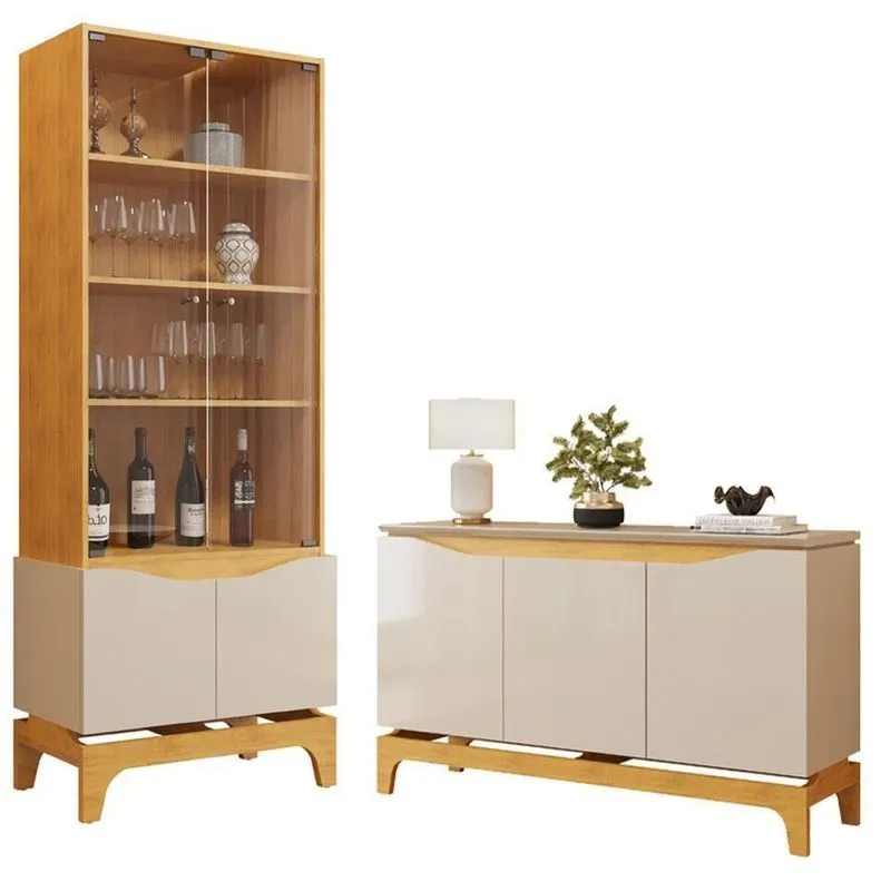 Cristaleira Com Buffet Joile Mdf Mdp Vidro Temperado Texturizado Cedro Off White Dj Móveis