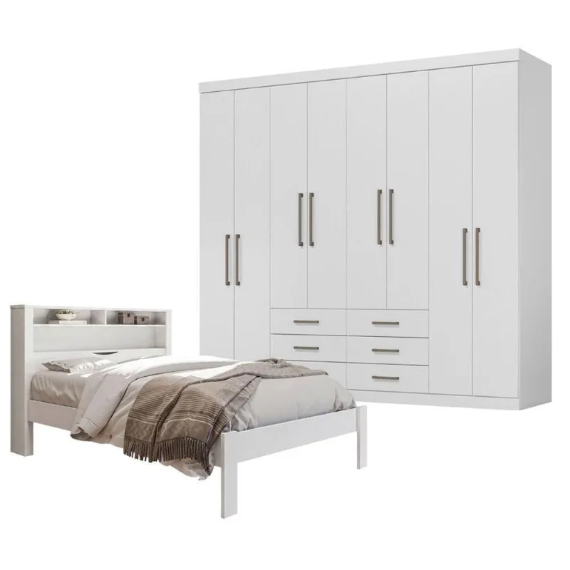 Guarda Roupa Casal Master 8 Portas 6 Gavetas MDP Branco Brilho e Cama Invicta Santos Andirá