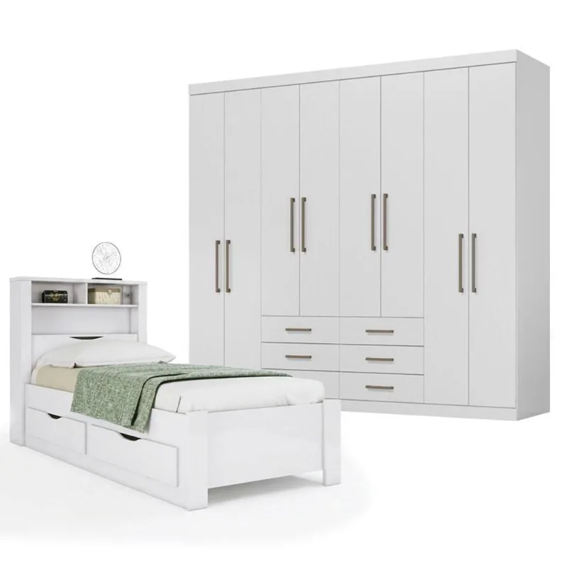 Guarda Roupa Casal Master 8 Portas 6 Gavetas MDP 238,8CM Branco Brilho e Cama Solteiro Invicta