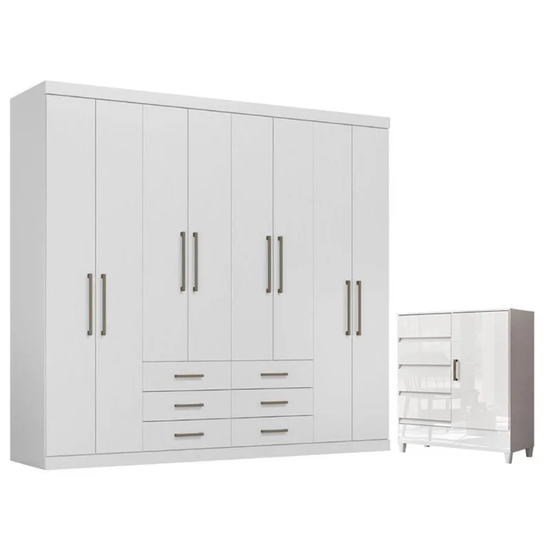 Guarda Roupa Casal Master 8 Portas 6 Gavetas Branco Brilho Santos Andirá